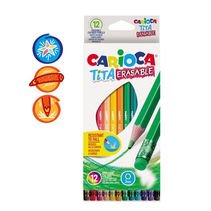 

CARIOCA Карандаши 12 цветов Carioca "Tita Erasable", стираемые, яркий грифель 3.0 мм, шест, Разноцветные