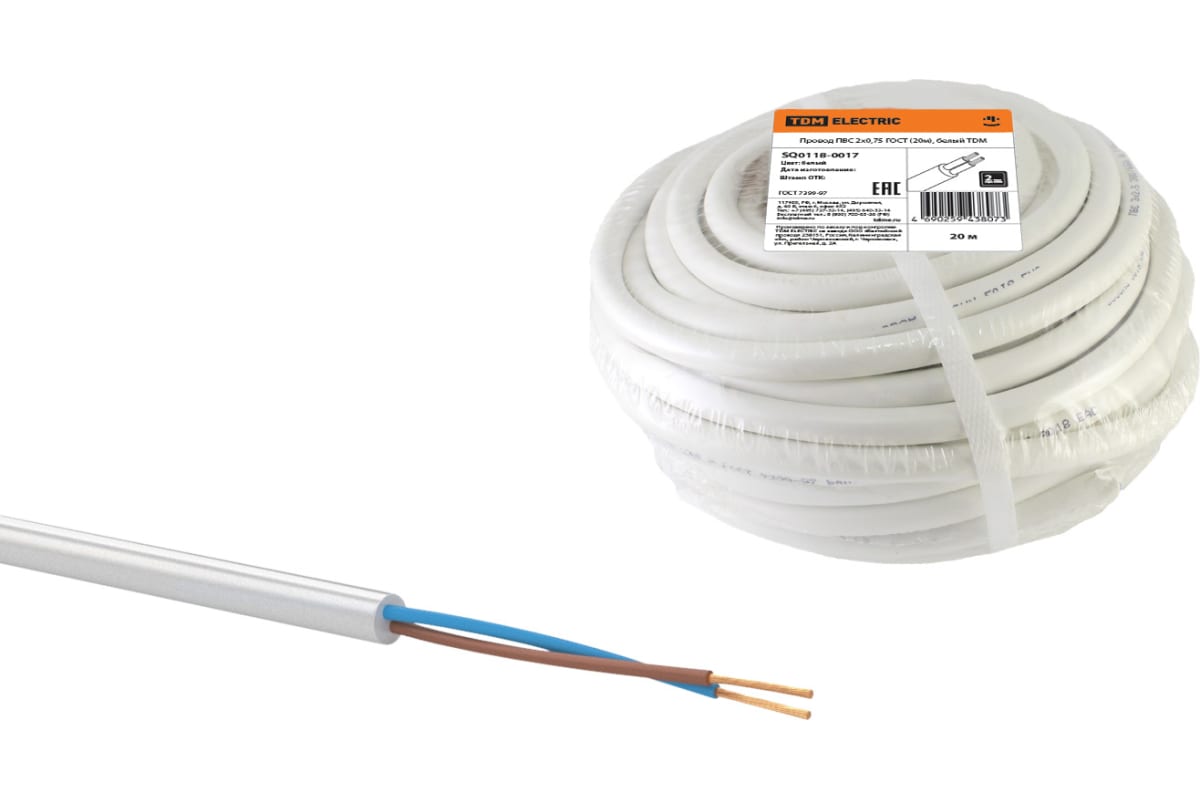 

Провод бытовой ПВС Tdm Electric, 2 x 0,75 мм, 20 м, белый