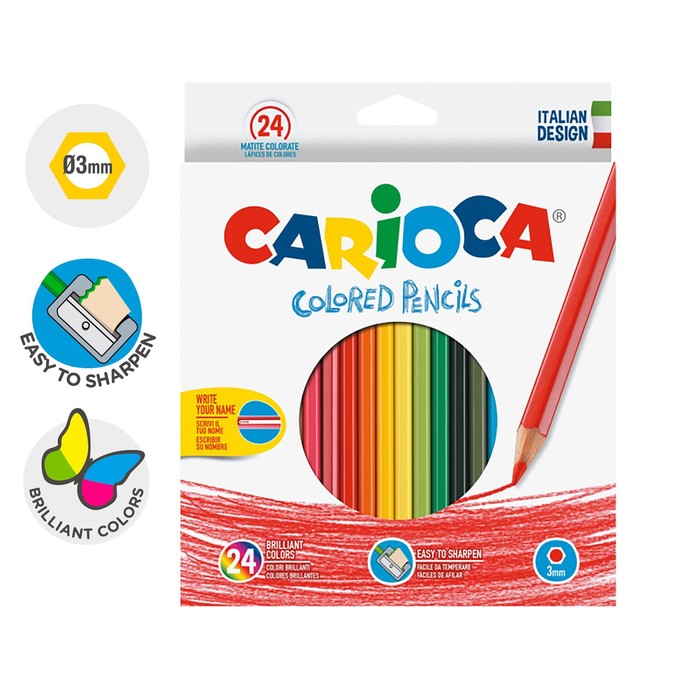 

CARIOCA Карандаши 24 цвета Carioca, шестигранные, деревянные, грифель 3 мм, картонная упак, Разноцветные