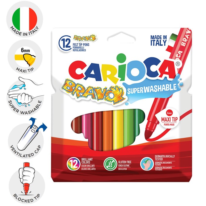 

CARIOCA Фломастеры 12 цветов Carioca Bravo, 4.0 мм, утолщенные, смываемые, увеличенный рес