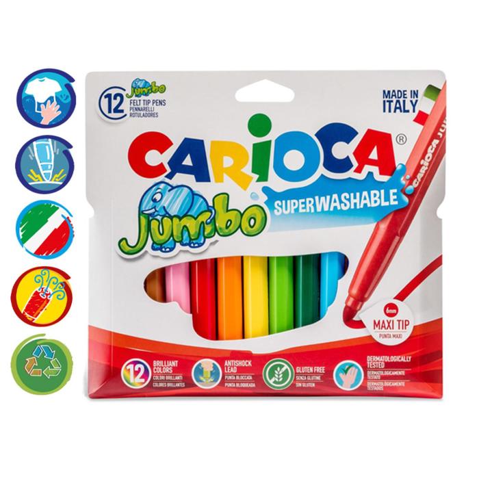 

CARIOCA Фломастеры 12 цветов Carioca Jumbo, 5.0 мм, утолщенные, смываемые, увеличенный рес