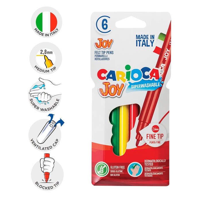 CARIOCA Фломастеры 6 цветов Carioca Joy, 2.6 мм, смываемые, увеличенный ресурс, суперяркие