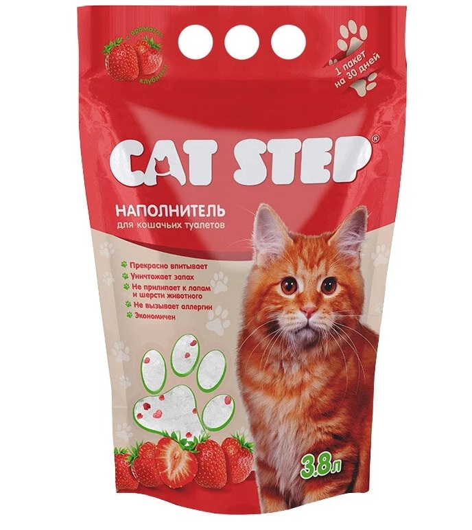 фото Впитывающий наполнитель для кошек cat step силикагелевый, клубника, 3.8 л