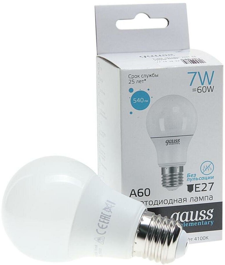 

Лампа светодиодная E27 A60 7W(60W) 220V холодный GAUSS