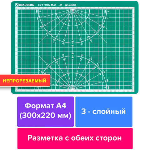 Коврик (мат) для резки Brauberg, А4, двусторонний, 3 мм, зеленый, 236905, 2 шт