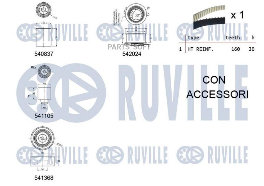 

Комплект Грм Vw/Audi 2.0 Tdi 2003=> (Ролик 4шт+Ремень 160x30) Ruville арт. 550305