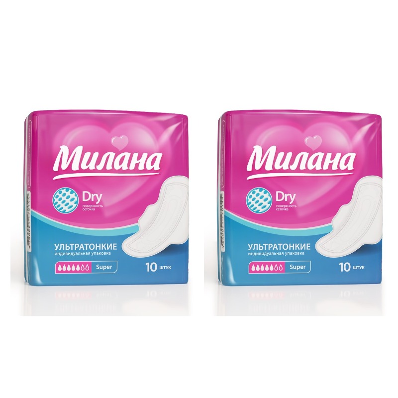 

Прокладки женские Милана Ультра, Dry Super, 10 шт х 2 упаковки, Белый