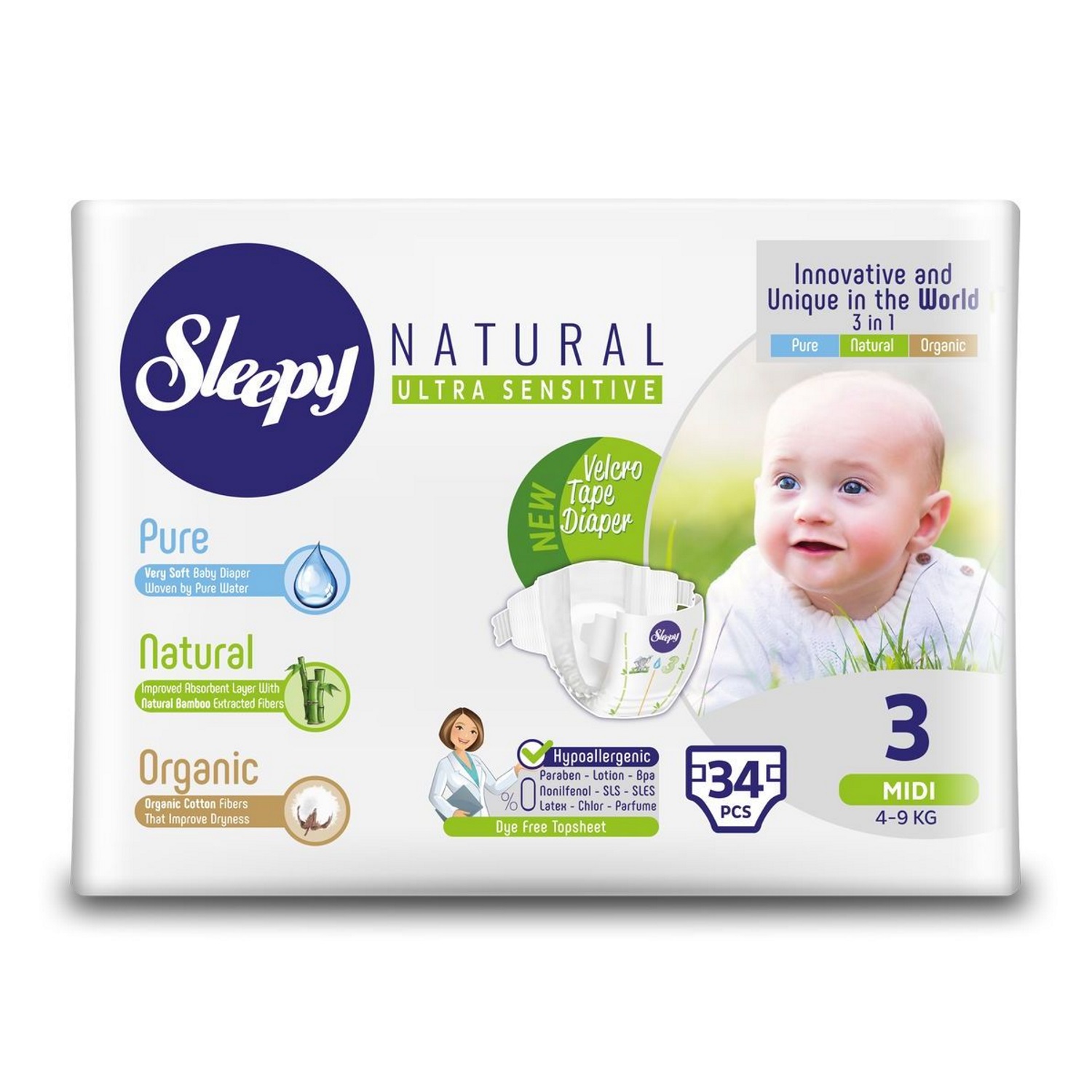 Подгузники Sleepy Natural Organic Baby Diaper, р 3, 4-9 кг, 34 шт