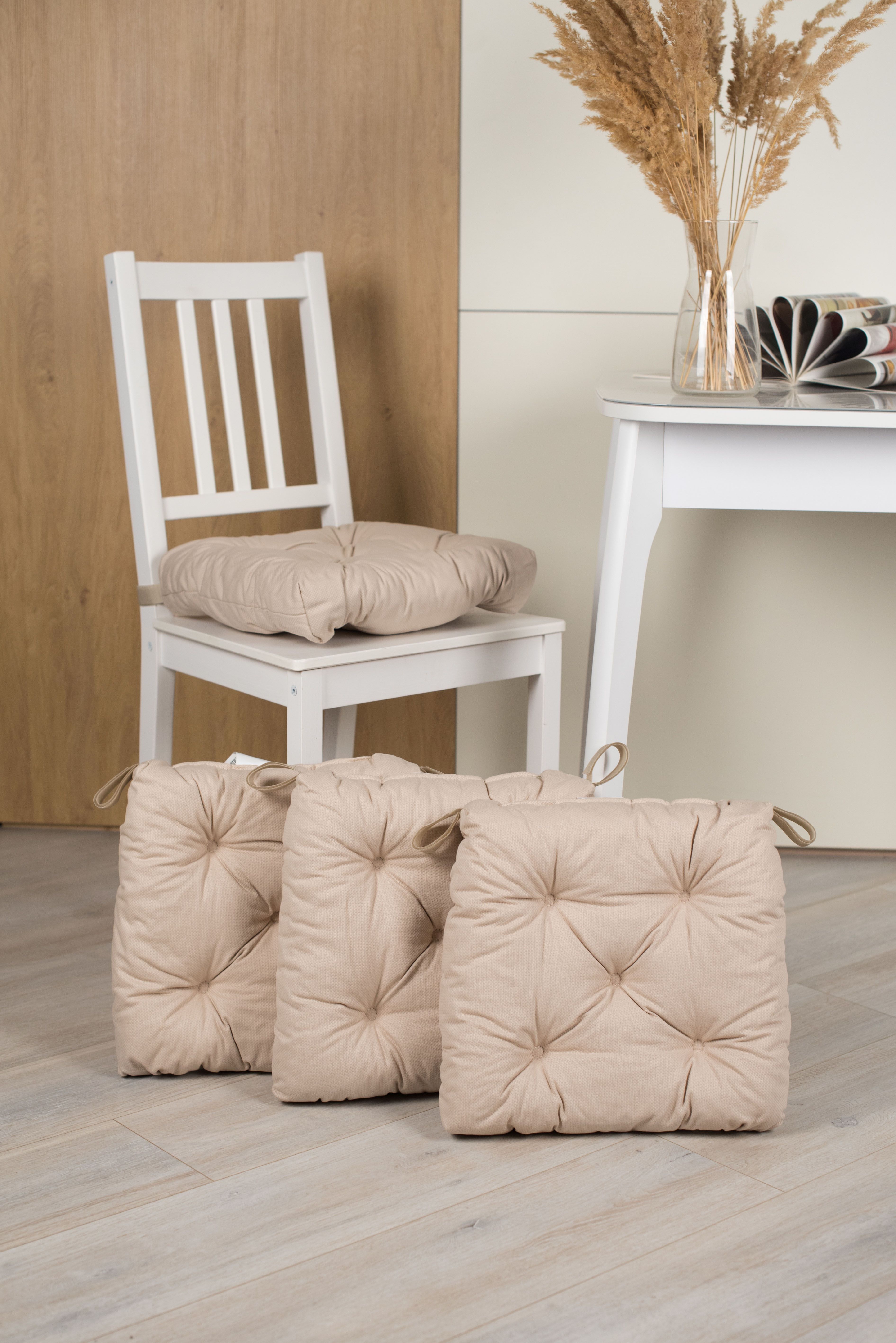 

Комплект сидушек Linen Way Малинда 4 шт 40/35x38x7 из хлопка с липучками , бежевый, Хоффф-4