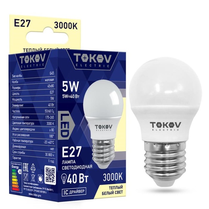 

Лампа светодиодная TOKOV ELECTRIC, 5 Вт, G45, 3000 К, Е27, 176-264В