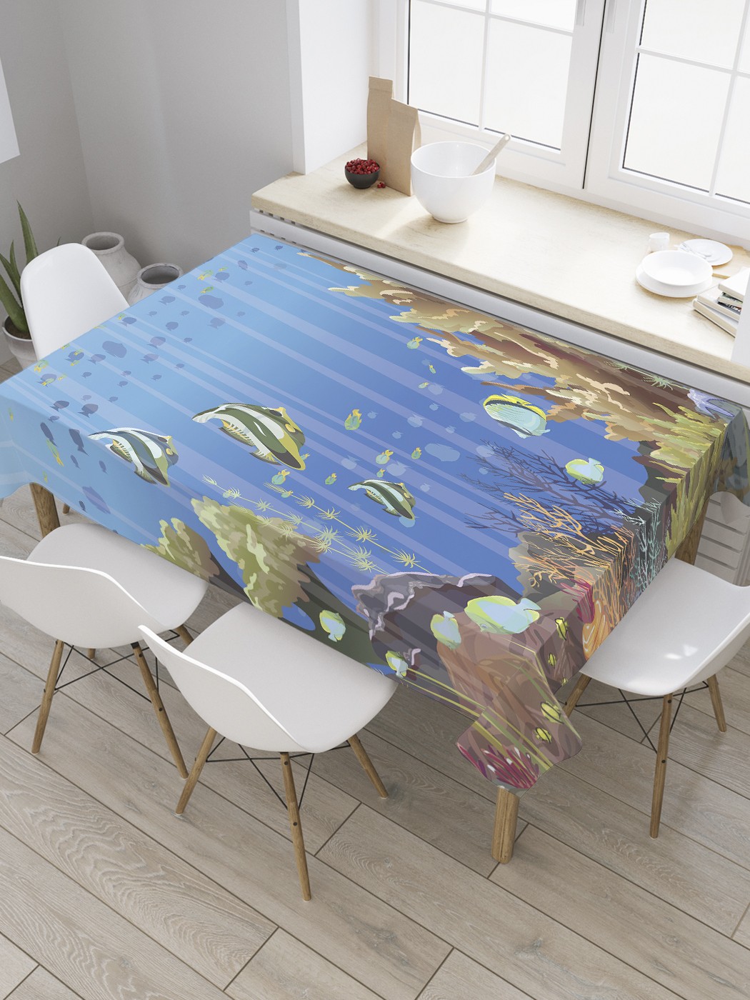 

Скатерть прямоугольная JoyArty "Рыбы-попугаи" из сатена, 120x145 см, Голубой, Рыбы-попугаи