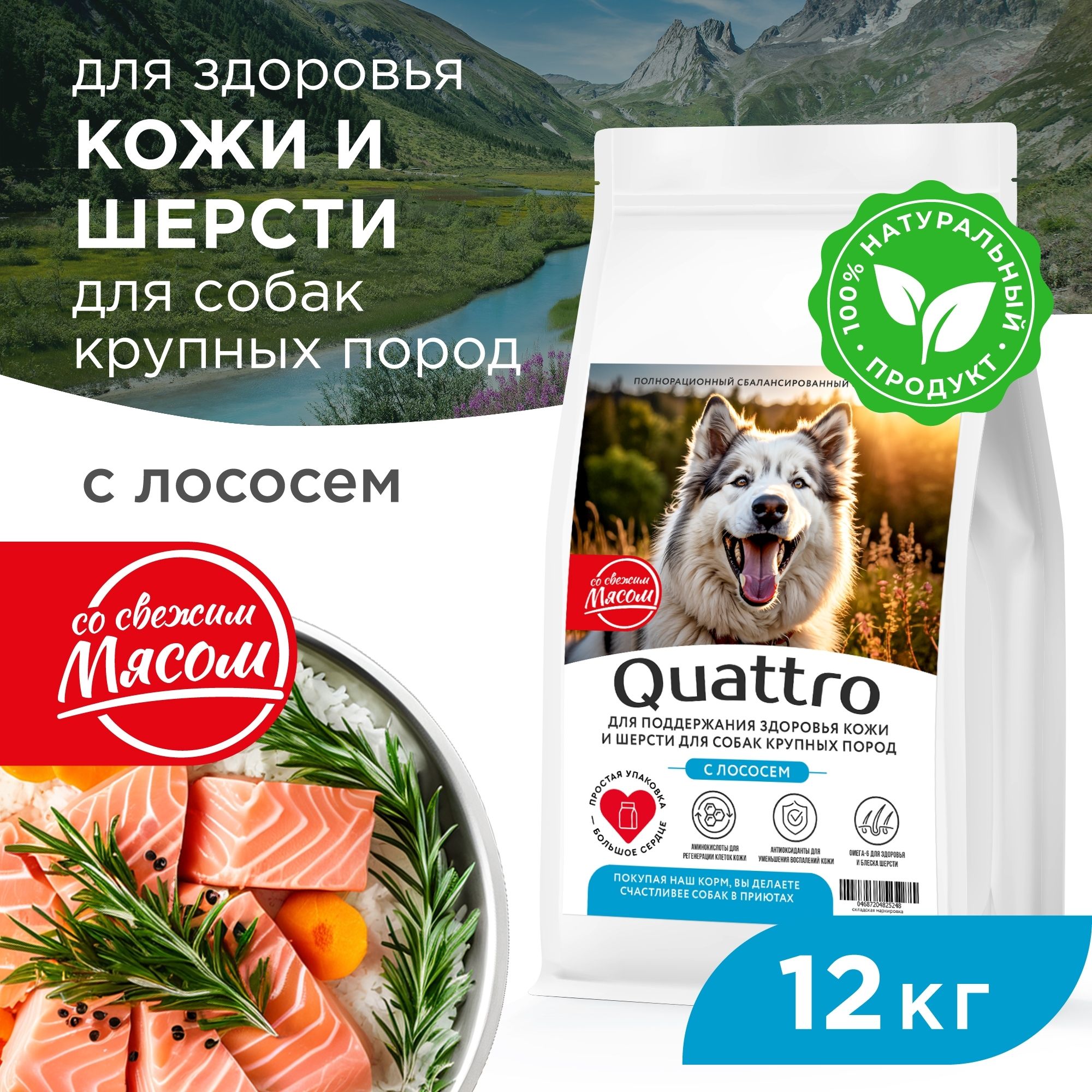 

Сухой корм для собак QUATTRO, Крупные породы премиум, для кожи и шерсти, лосось, 12 кг