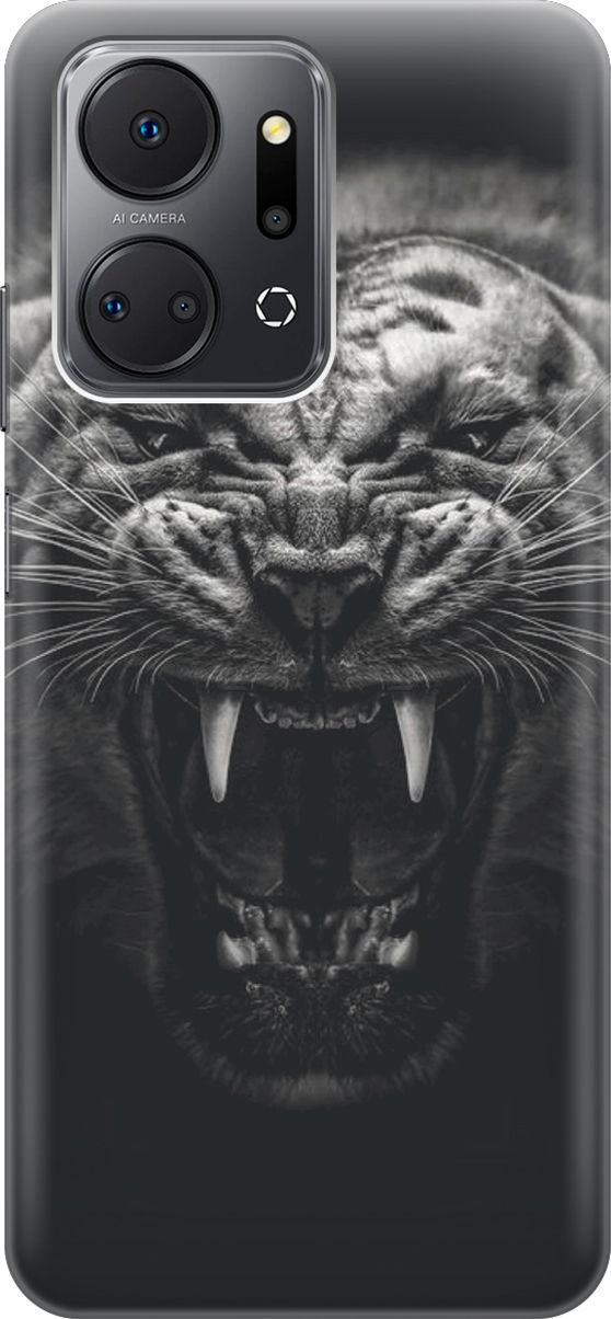 

Силиконовый чехол на Honor X7a с принтом "Оскал тигра", Серый;черный, 159385