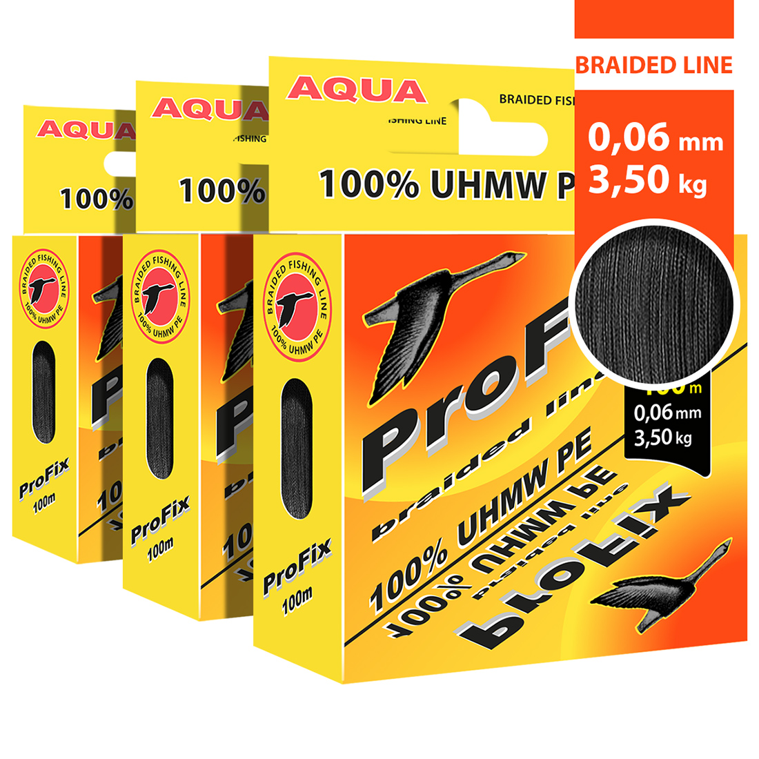 фото Плетеный шнур aqua profix black 0,06mm 100m, черный, test - 3,50kg (набор 3 шт)