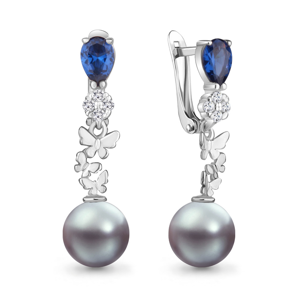 

Серьги подвески из серебра с фианитом, сапфиром, жемчугом Aquamarine 48933ЯБ_925_р, 48933ЯБ_925_р