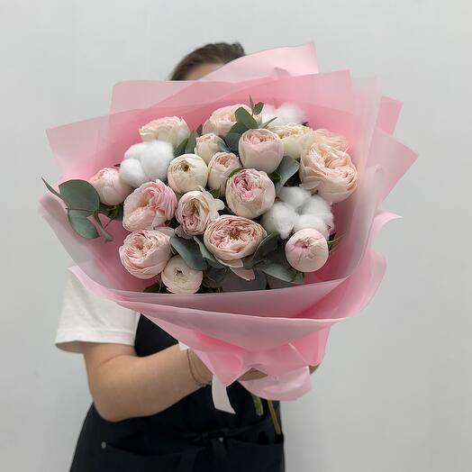 

Букет цветов Boom Bouquet пионовидная роза и хлопок 45см розовый