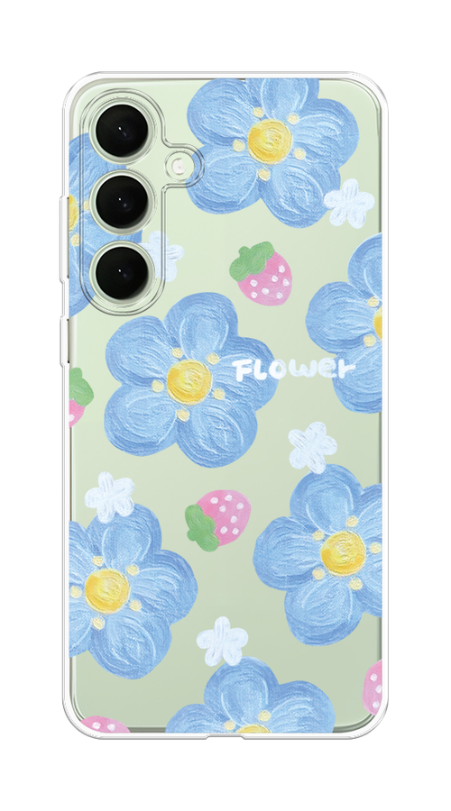 

Чехол на Samsung Galaxy S25 Plus "Цветы и клубники", Прозрачный;голубой;белый, 2110450-1