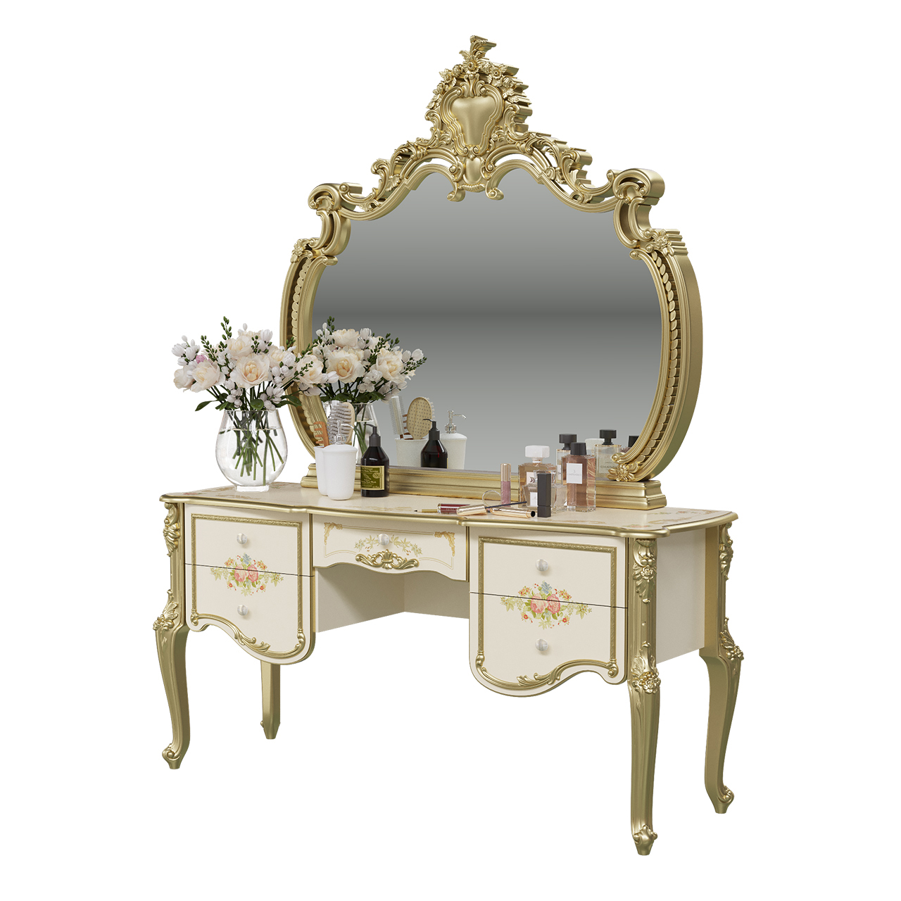 фото Стол туалетный с зеркалом мэри-мебель шейх слоновая кость/золото, шхгхв 160х53х206 см.