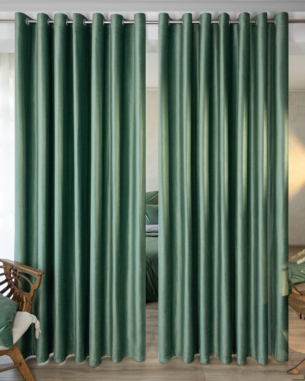 

Комплект штор на люверсах Evrika Home бархат 200x320 Шалфей, Беллиссимо люв 2ш