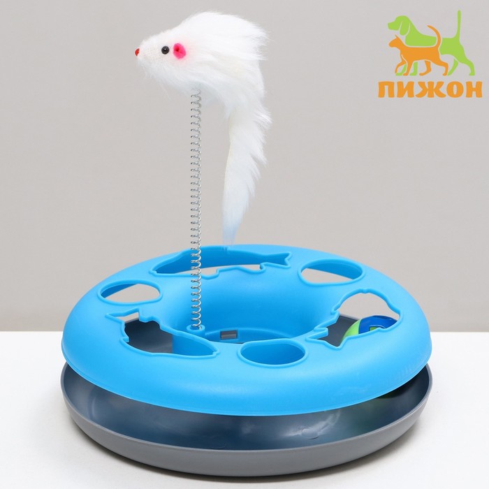 Игрушка для кошек Пижон Загадочный круг Рыбки мышь на пружине и шарик 23х7 см, синяя/белая