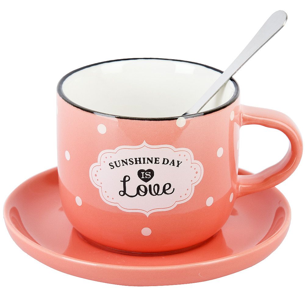 Чашка с блюдцем и ложкой Nouvelle Sunshine day 180 мл розовая фарфор