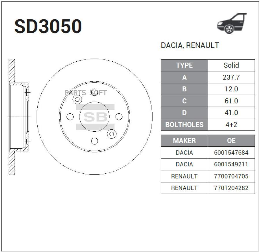 

SD3050_диск тормозной передний!\ Renault Logan/Sandero 1.4-1.6/1.5DCi 04> HI-Q, SD3050