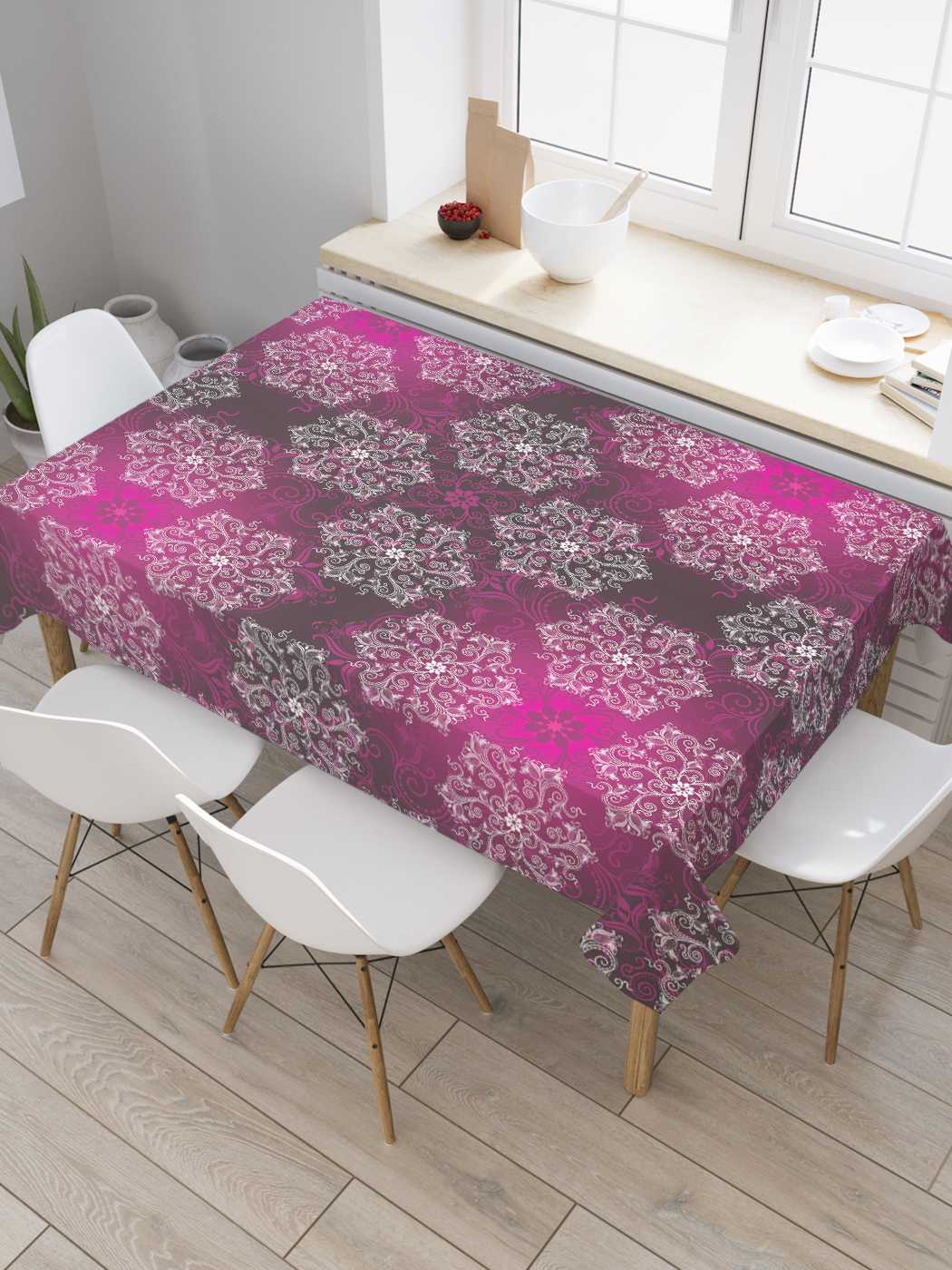 

Скатерть прямоугольная JoyArty "Богатый узор" из оксфорда, 180x145 см, Розовый, Богатый узор