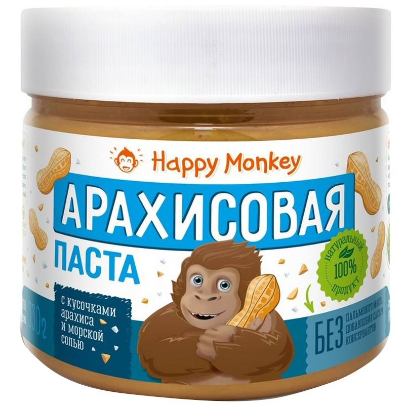 фото Арахисовая паста happy monkey "с кусочками арахиса и морской солью", 330 г