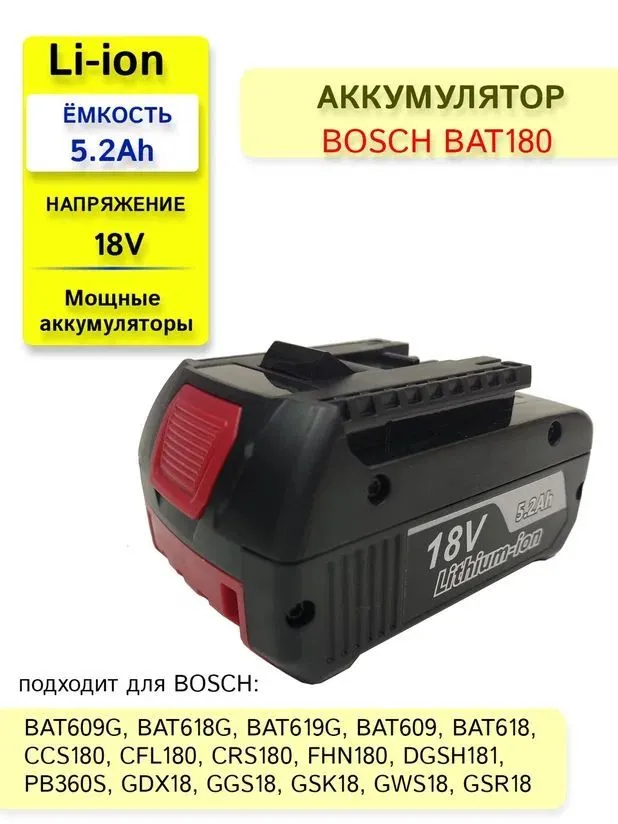 

Аккумулятор LLB BOSCH BAT180 BAT618G BAT619G 2-607-336-236 BAT609G 18V, 5.2Ah Li-Ion, BOSCH BAT180