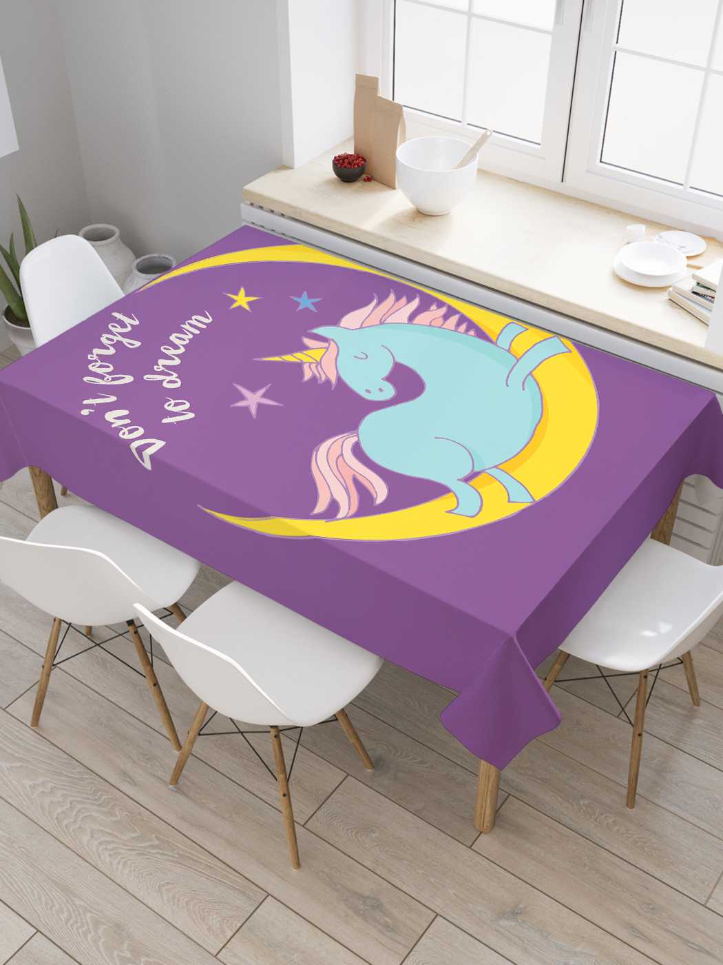 

Скатерть прямоугольная JoyArty "Не забывай мечтать" из оксфорда, 180x145 см, Белый, Не забывай мечтать