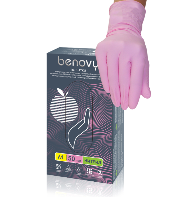 Перчатки BENOVY Q нитриловые розовые, M, 50 пар