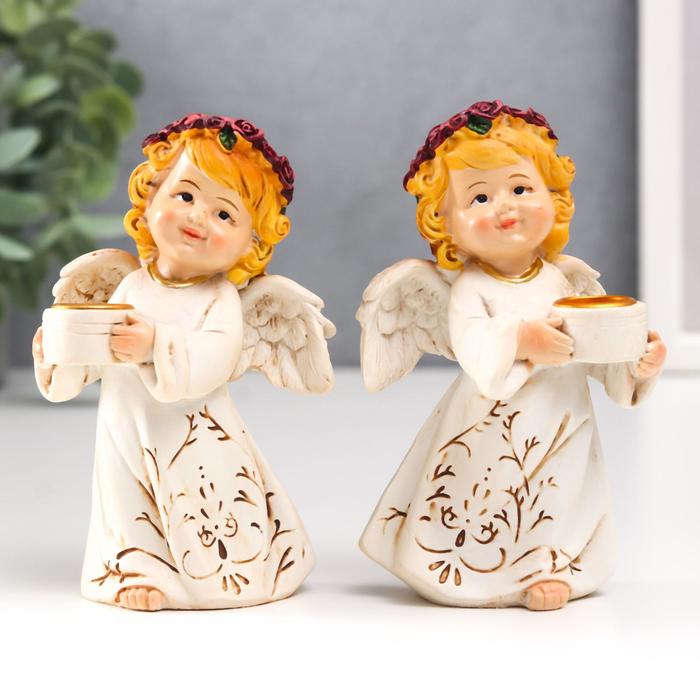 

Сима-Ленд Сувенир полистоун подсвечник Ангел в беж. платье с узором, венок из роз МИКС 10,