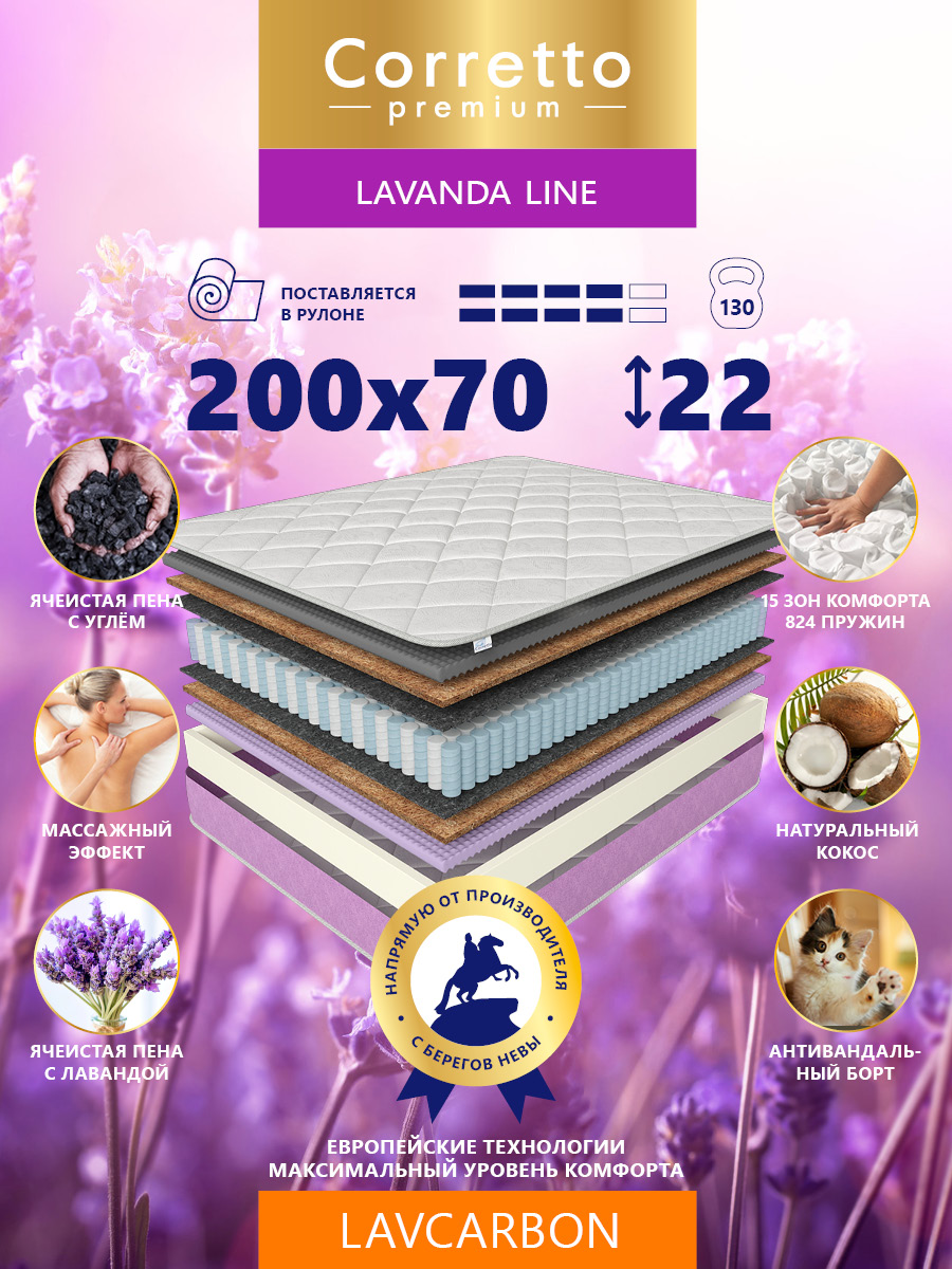 

Матрас пружинный Corretto Lavcarbon 200X70, Белый;фиолетовый, Lavcarbon
