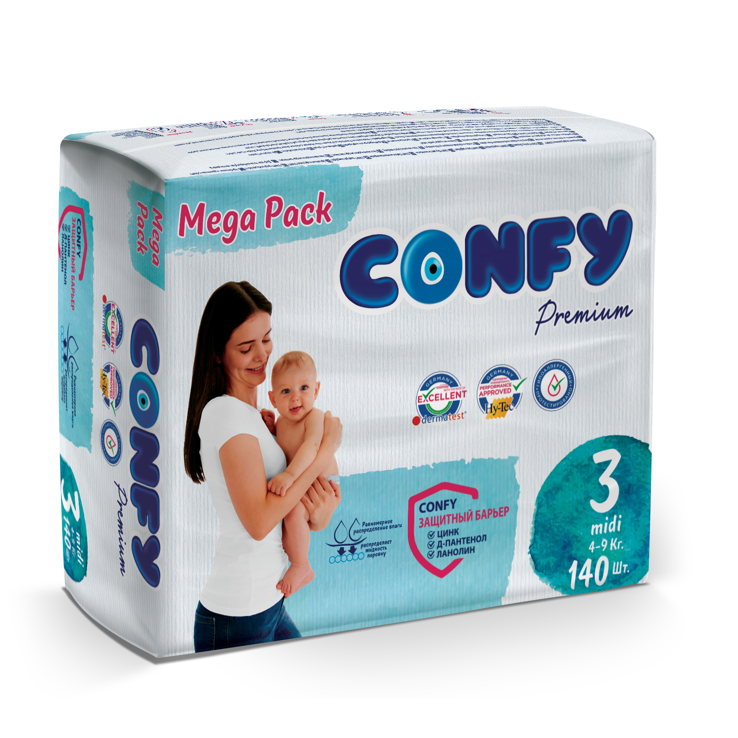Подгузники детские Confy Premium 4-9 кг (размер 3) памперсы 140 шт Мега Бокс