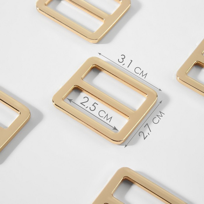

Пряжка регулирующая, двухщелевая, 31  27 мм, ширина стропы - 25 мм, 5 шт, цвет золотой, Золотистый