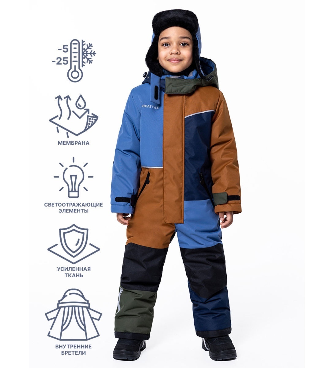 

Комбинезон детский NIKASTYLE 8з2123, джинсовый, кэмел, 122, Синий;коричневый, 8з2123