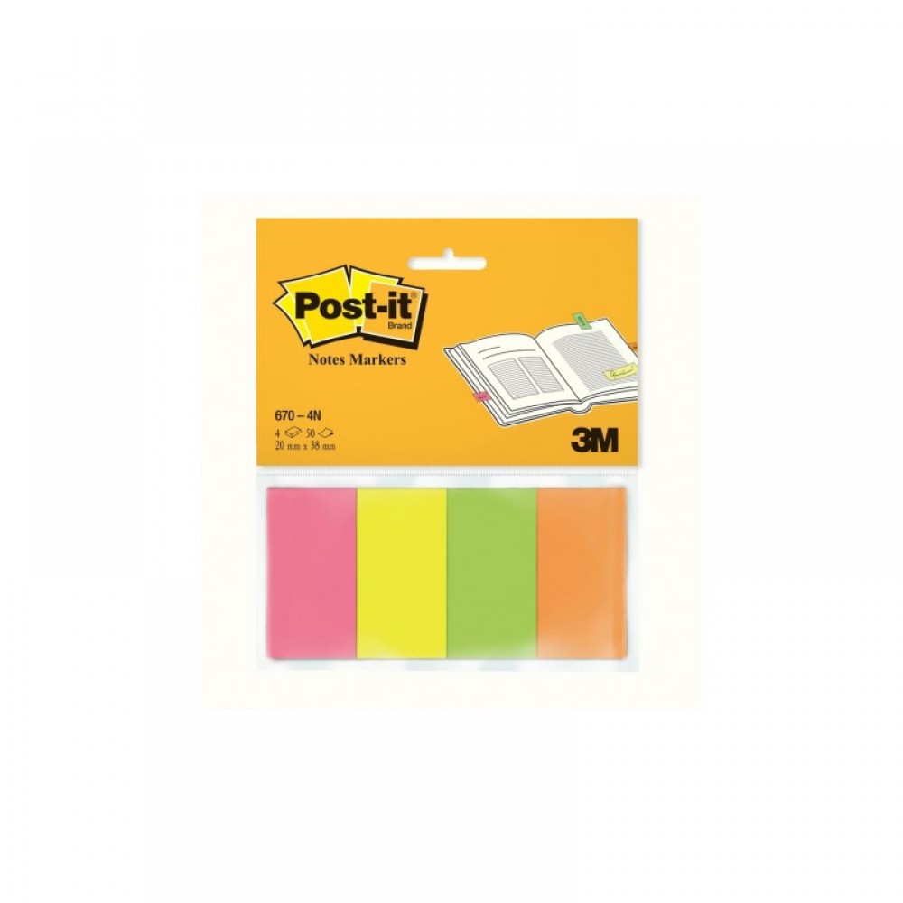 Закладки для страниц POST-IT INDEX, бумажные, неон, 20мм х38 мм, 4цв x50 шт.