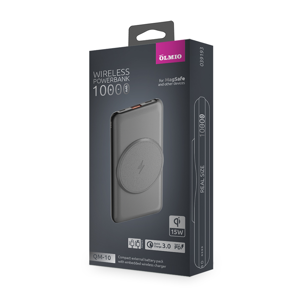 

Внешний аккумулятор Olmio QM-10 10000mAh, 20W серый, QM-10