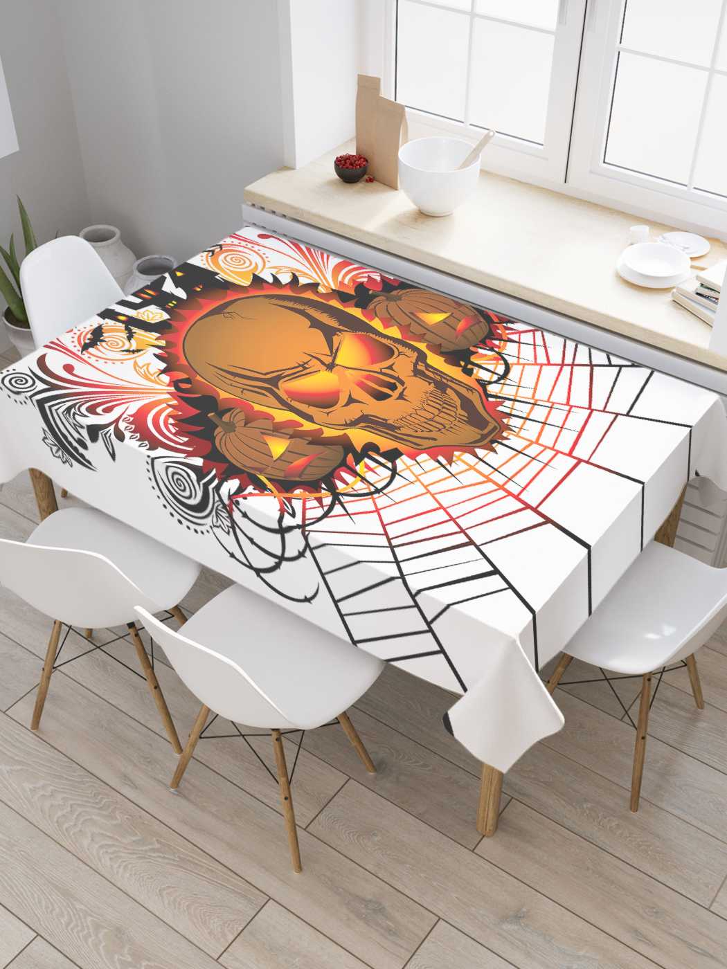 

Скатерть прямоугольная JoyArty "Пламенный череп на паутине" из оксфорда, 120x145 см, Белый, Пламенный череп на паутине