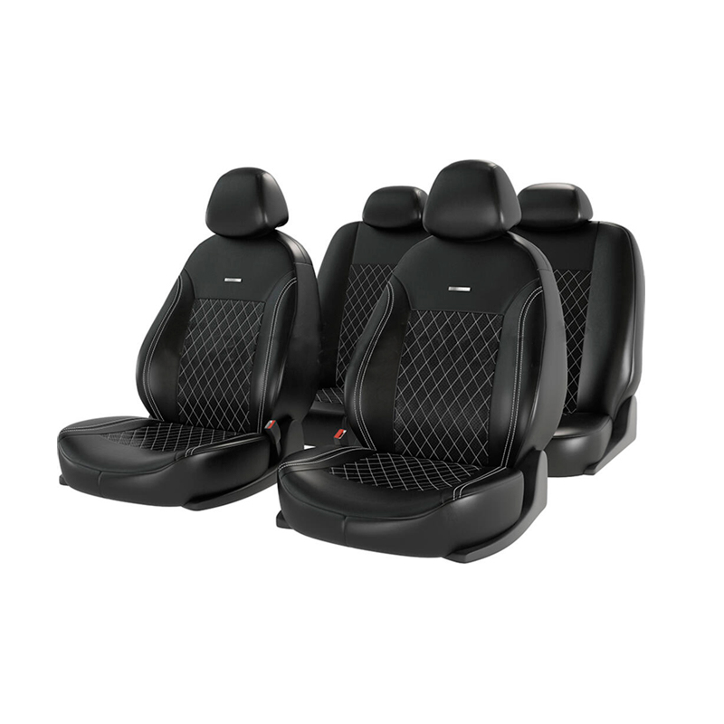 

Авточехлы универсальные экокожа черные серая строчка (11 предм.) Atom Leather CARFASHION, Черный