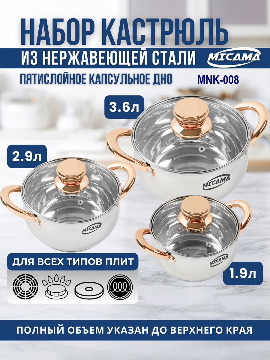 Набор кастрюль MICAMA из нержавеющей стали 2,1л, 2,9л, 3,9л, 6,5л