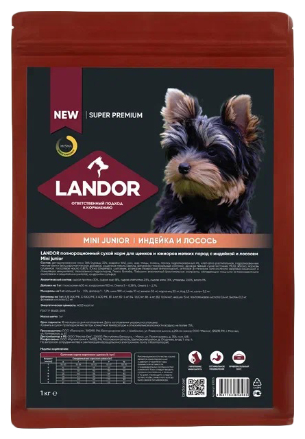 Сухой корм для собак Landor Mini Junior для щенков и юниоров, индейка и лосось, 1 кг