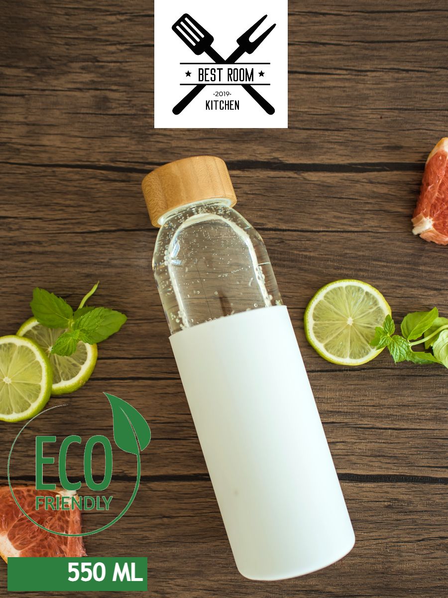 

Бутылка для воды стеклянная с силиконовым чехлом, с бамбуковой крышкой 550мл, Прозрачный;бежевый, 62