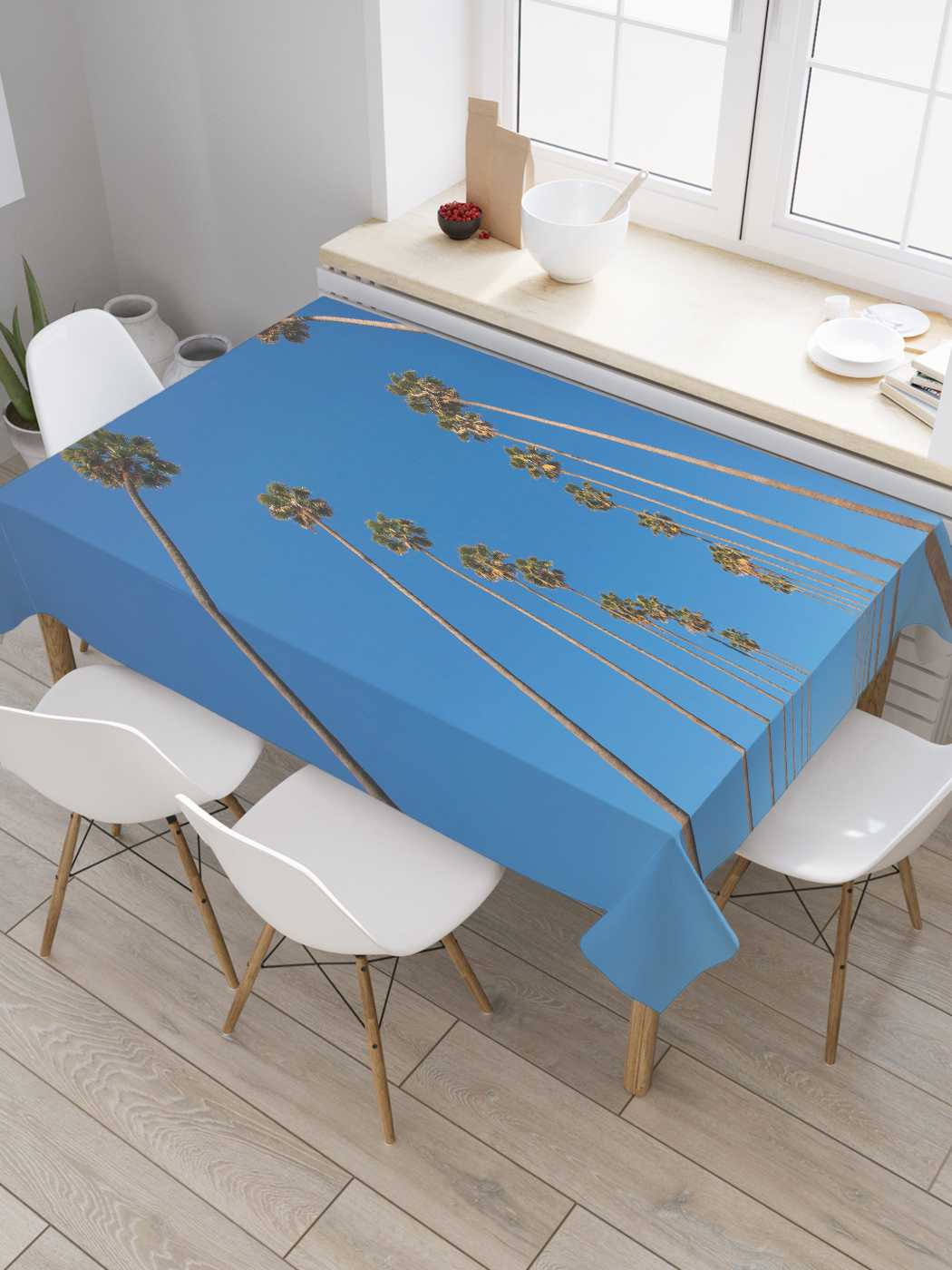 

Скатерть прямоугольная JoyArty "Высокие пальмы" из оксфорда, 120x145 см, Голубой, Высокие пальмы