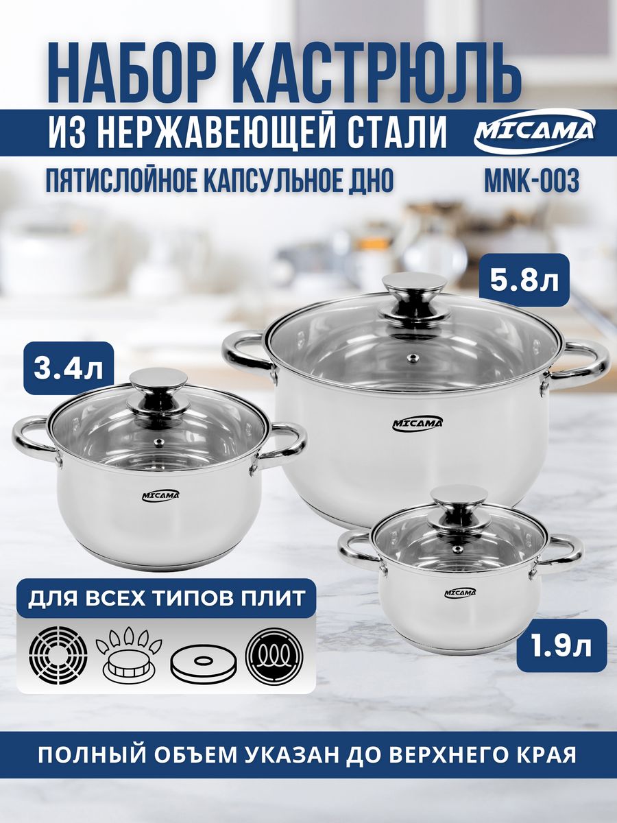 Набор кастрюль MICAMA из нержавеющей стали 1,9л, 2,5л, 3,6л