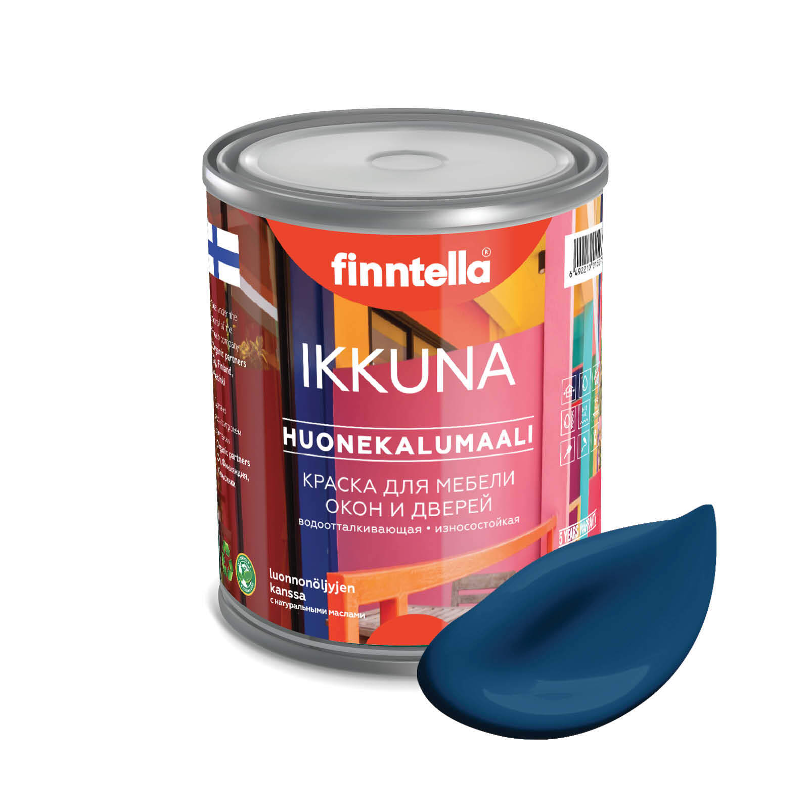 

Краска IKKUNA Color Матовая, SININEN KUU лазурно-синий, 0,9л, IKKUNA Color для дерева, деревянных поверхностей и интерьеров, стен и потолка с натуральным маслом, без запаха