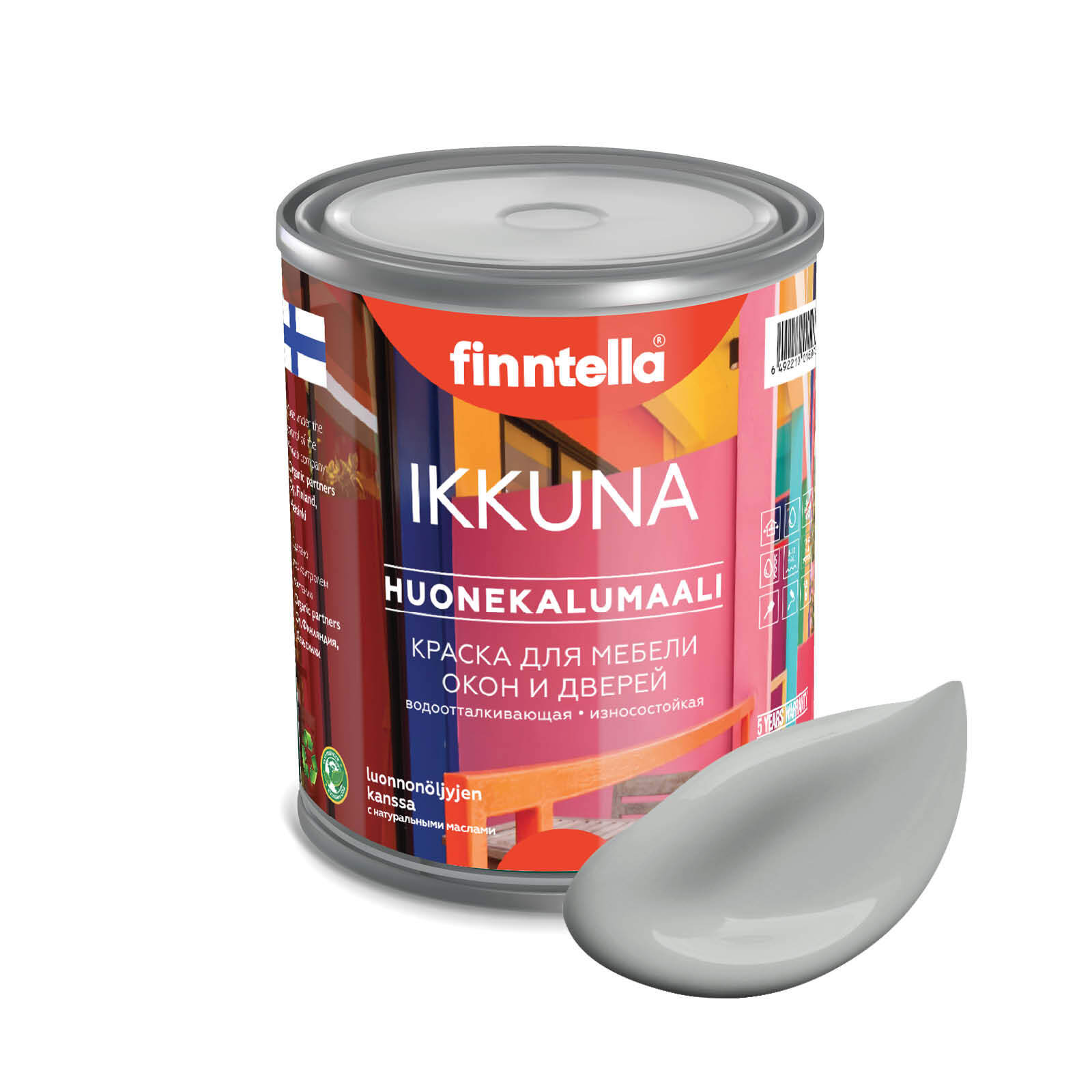 

Краска IKKUNA Color Матовая, JOKI серый, 0,9л, IKKUNA Color для дерева, деревянных поверхностей и интерьеров, стен и потолка с натуральным маслом, без запаха