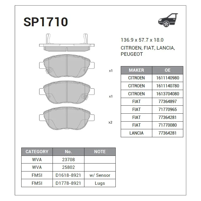 

Колодки передние PEUGEOT 307 2.0 SP1710