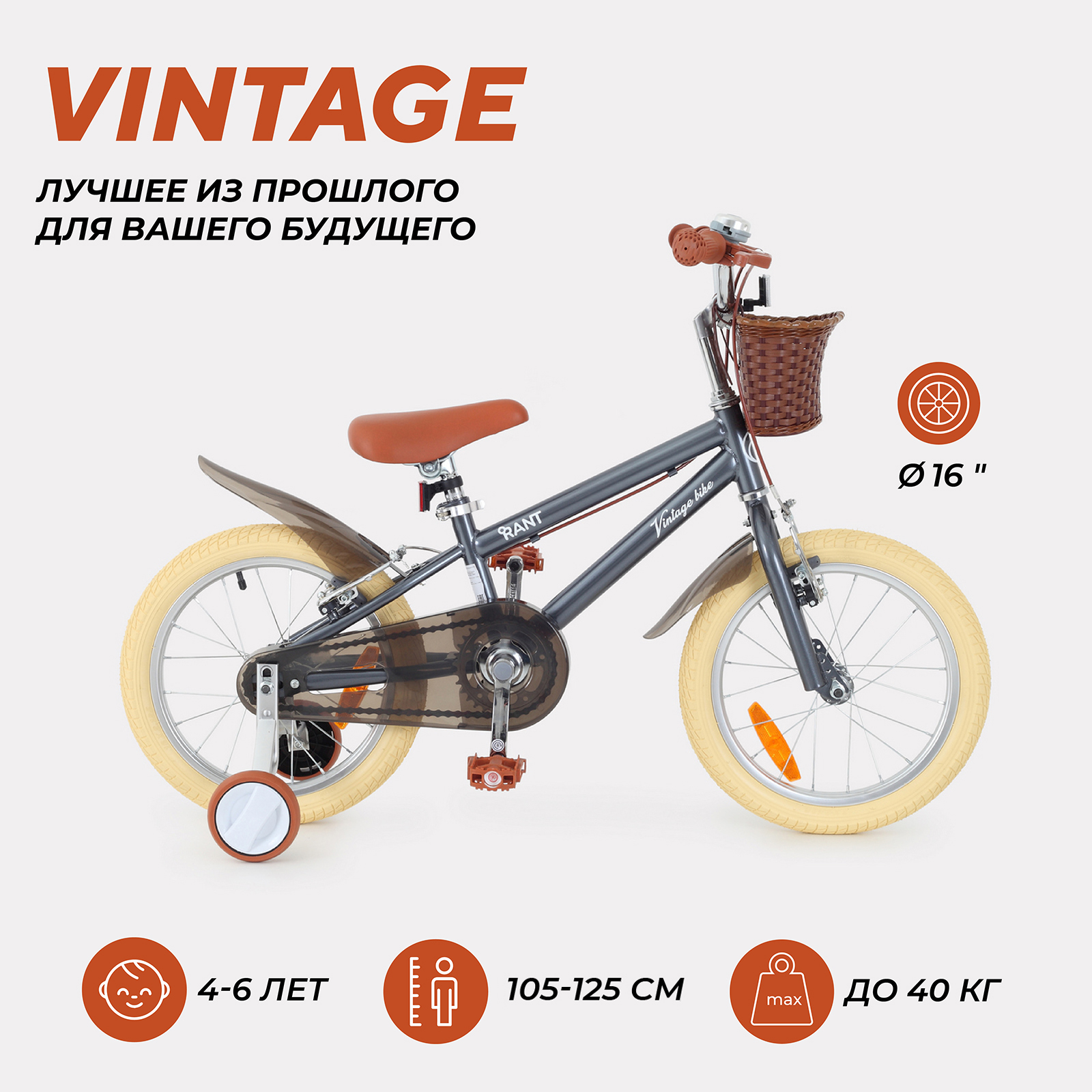 Велосипед двухколесный детский RANT Vintage серый