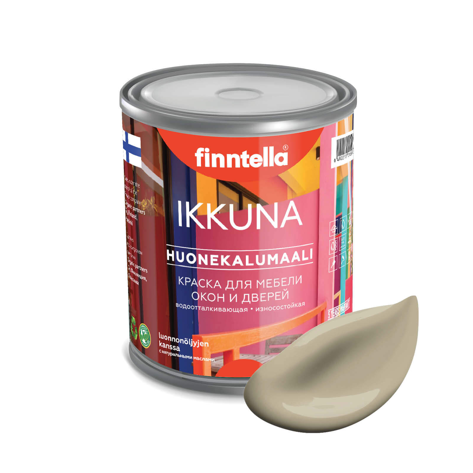 

Краска IKKUNA Color Матовая, VUORI бежевый хаки, 0,9л, IKKUNA Color для дерева, деревянных поверхностей и интерьеров, стен и потолка с натуральным маслом, без запаха